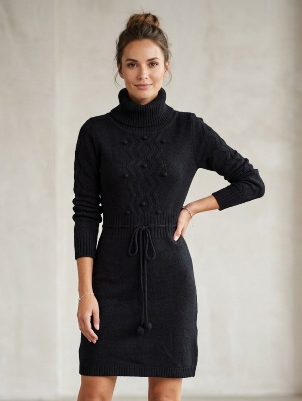 NWT Simons Lambswool Angora Black Turtleneck Knit Sweater Dress Quiet Luxury M